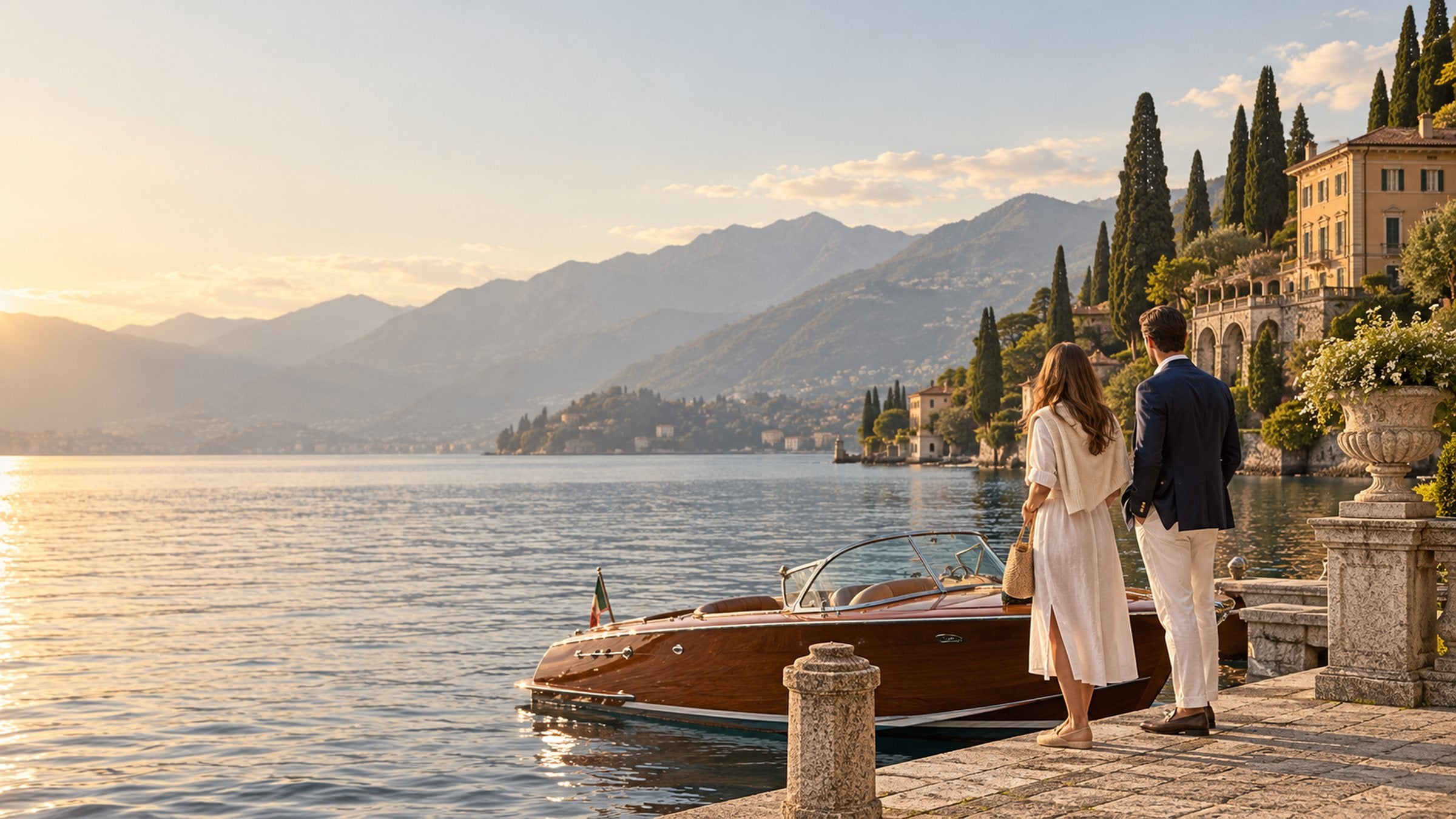 Elsworth navy tailoring and white linen on a Lake Como terrace at golden hour